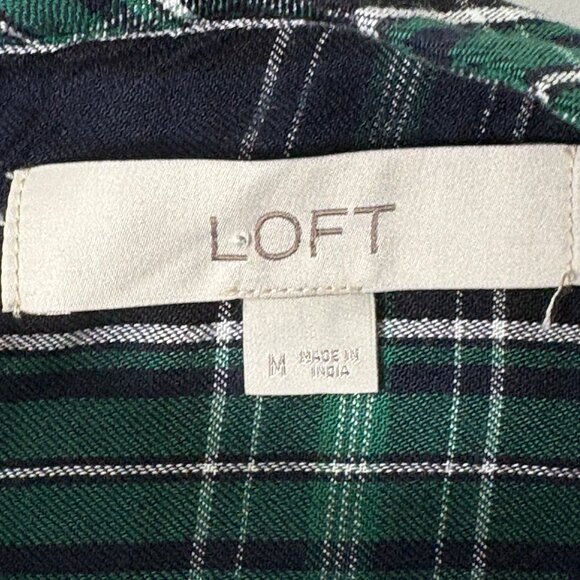 Loft Top Womens Size M Blue Green Plaid Long Sleeve Mock Neck Academia Preppy - Picture 5 of 10